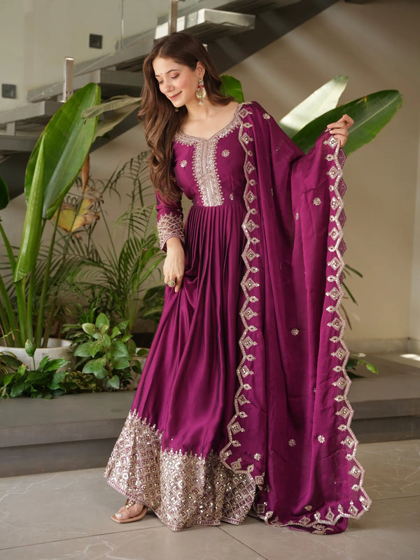 Monisha Silk Embroidery Gown Dupatta Set