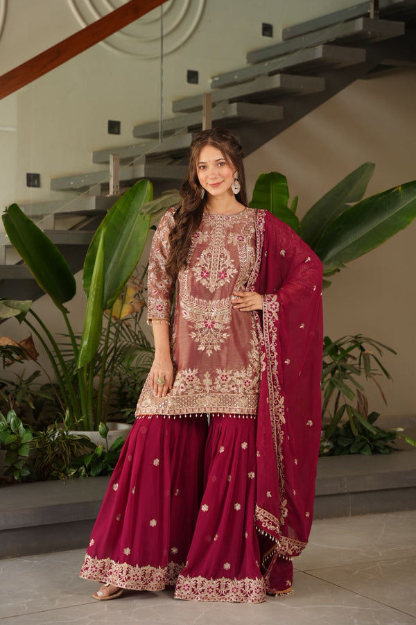 Pink and Purple Designer Embroidered Top Plazzo Dupatta Set