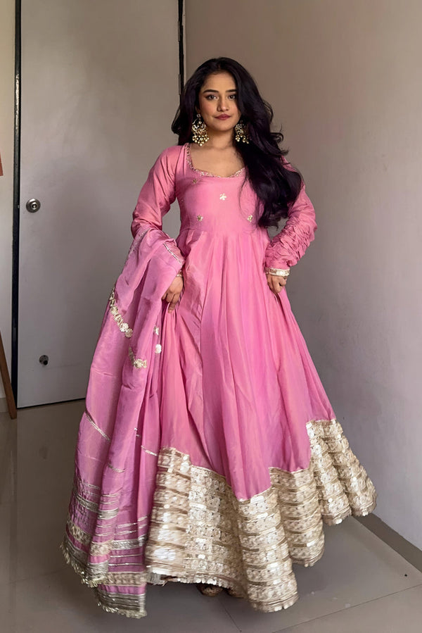 Elegant Light Pink Vichitra Silk Anarkali Suit Set - Party & Festival Wear