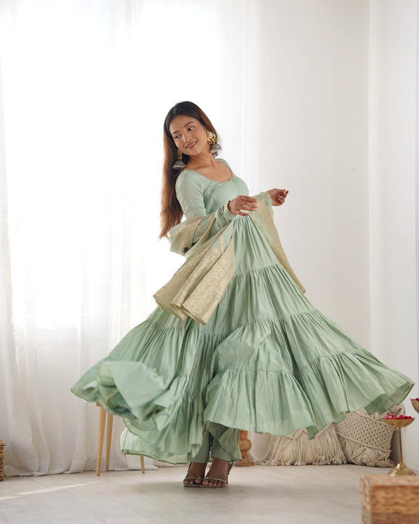 Sage Green Tiered Anarkali Set with Embroidered Dupatta – Festive Wear Ready to Wear Gown