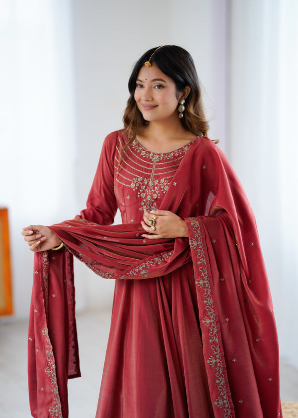 Elegant Maroon Anarkali Suit Set with Embroidered Dupatta – Festive & Wedding Wear for Women