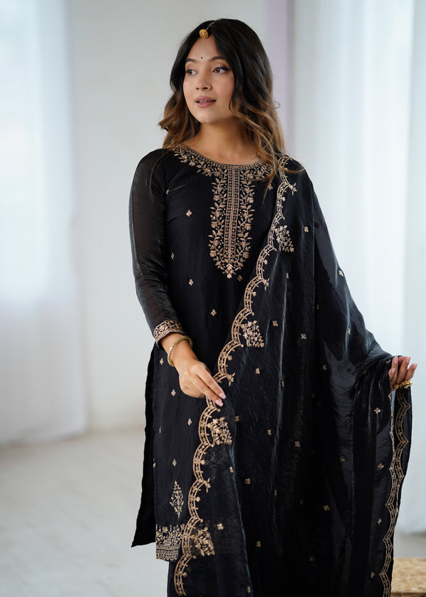 Elegant Black Sharara Suit Set in Crunchy Silk with Embroidered Kurta & Dupatta – Ready to Wear Ethnic Ensemble for Women