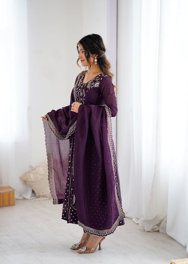 Royal Plum Mirror Embellished Anarkali Suit with Handcrafted Dupatta
