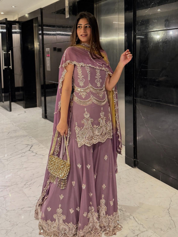 Dusty Lavender Sharara Set with Mirror & Zari Detailing – Luxury Indian Outfit for Weddings & Parties