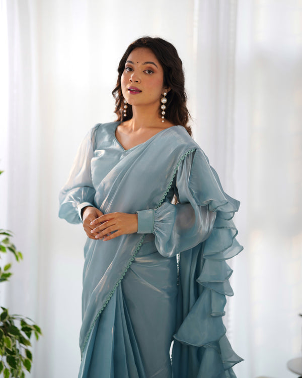 Pre-Draped Organza Saree with Designer Blouse – Ready to Wear Jimmy Choo-Inspired Partywear
