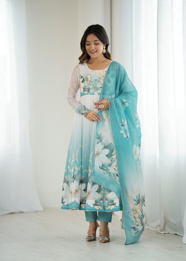 Pastel Teal Bloom Organza Set with Digital Floral Print & Dupatta – Elegant Festive Wear