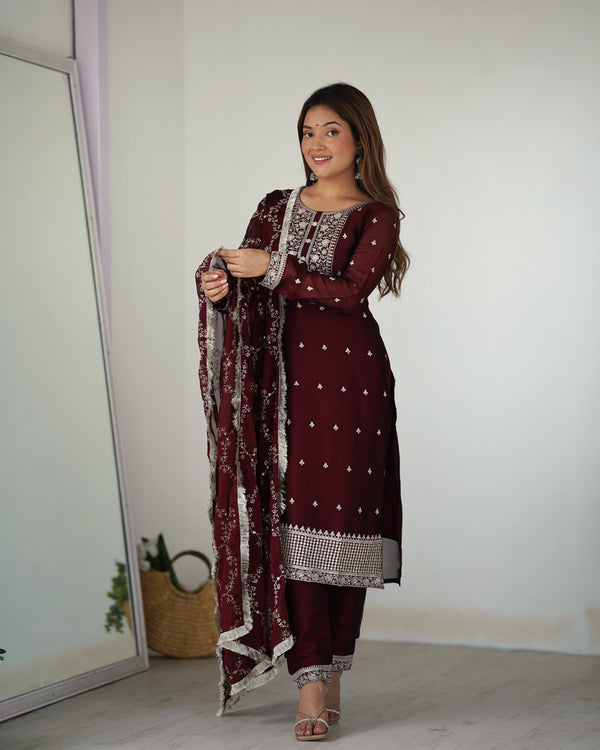 Maroon Embroidered Blooming Rangoli Silk Kurta Set
