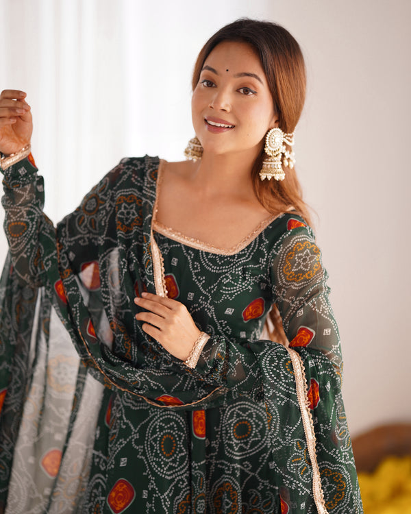 Designer Bandhej Print Chiffon Gown Set with Dupatta & Pants –  Festive & Wedding Wear
