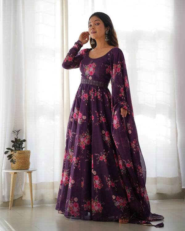 Floral Printed Georgette Gown Style Suit Set – Elegant Festive & Evening Wear in Purple & Black