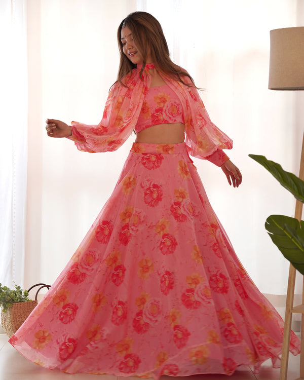 Floral Organza Lehenga Set with Stylish Blouse & Detachable Sleeves – Lightweight Festive Wear