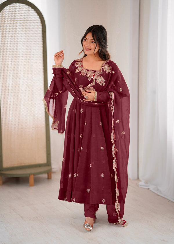 Maroon Embroidered Anarkali Style Pakistani Suit with Dupatta – Elegant Festive Wear for Women