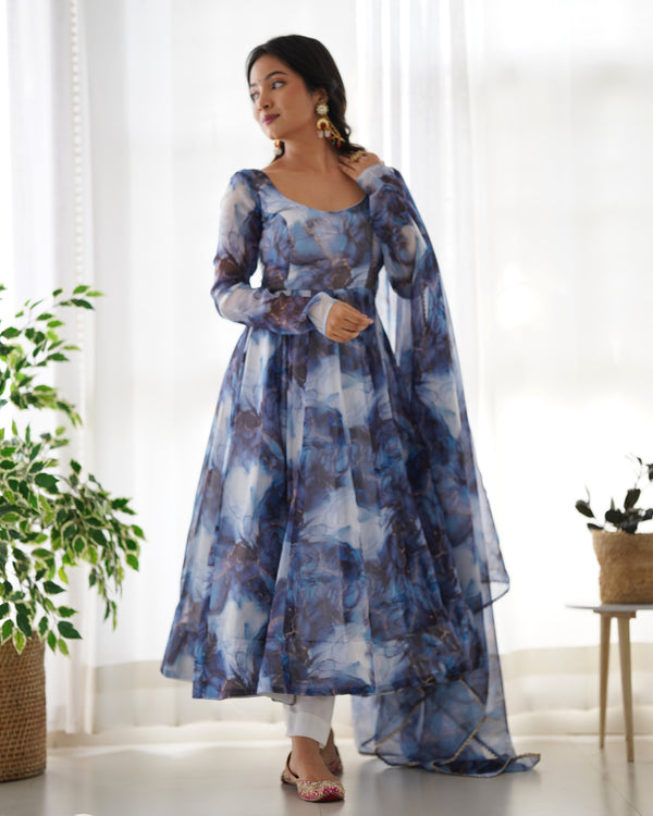 Aqua Blue Printed A-Line Suit Set with Dupatta – Breezy Summer Ethnic Wear for Women