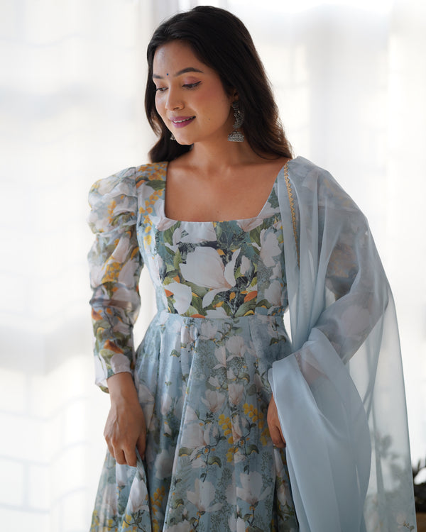 Elegant Floral Organza Gown with Dupatta & Pant | Soft Silk Fully Flared Ready-to-Wear Suit