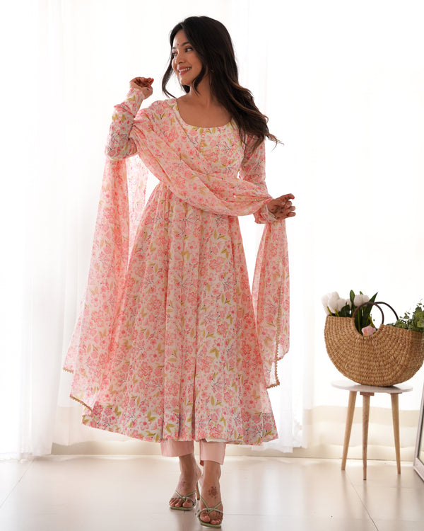 Blush Bloom Anarkali Kurta Set with Dupatta – Elegant Floral Cotton Ethnic Wear for Women