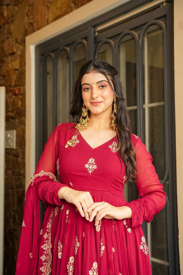 Wine Red Flared Ethnic Gown with Zari Embroidered Dupatta – Festive & Traditional Wear