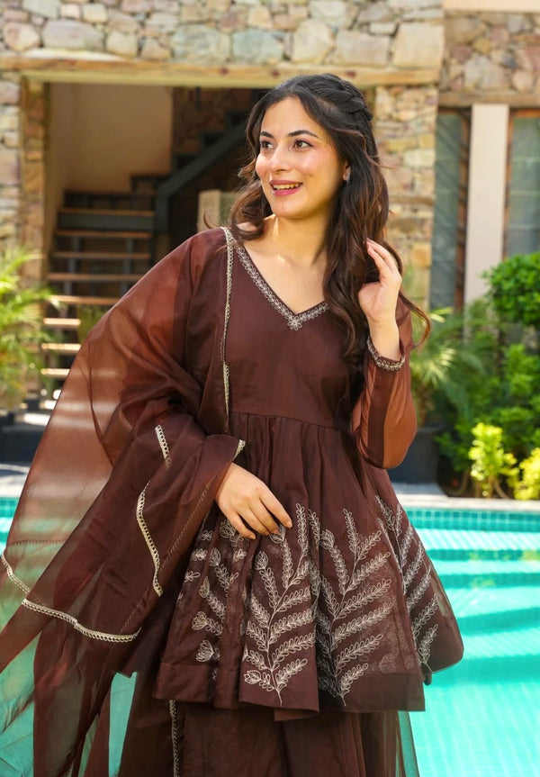 Mocha Brown Sharara Suit with Organza Dupatta – Festive Indian Ensemble