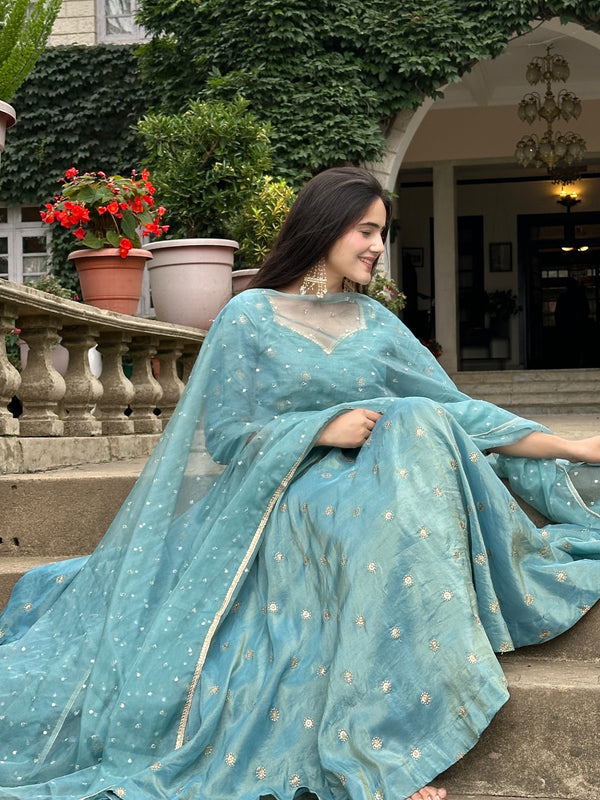 Sky Blue Festive Flared Gown with Sheer Dupatta – Elegant Indian Ethnic Set for Women