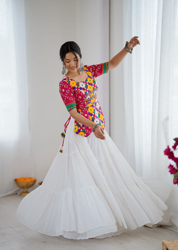 Colorful Mirror Work Peplum Top with White Tiered Lehenga – Navratri & Garba Traditional Set for Women