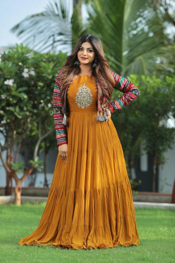 Gown with Multicolor Embroidered Koti – Ethnic Fusion Wear