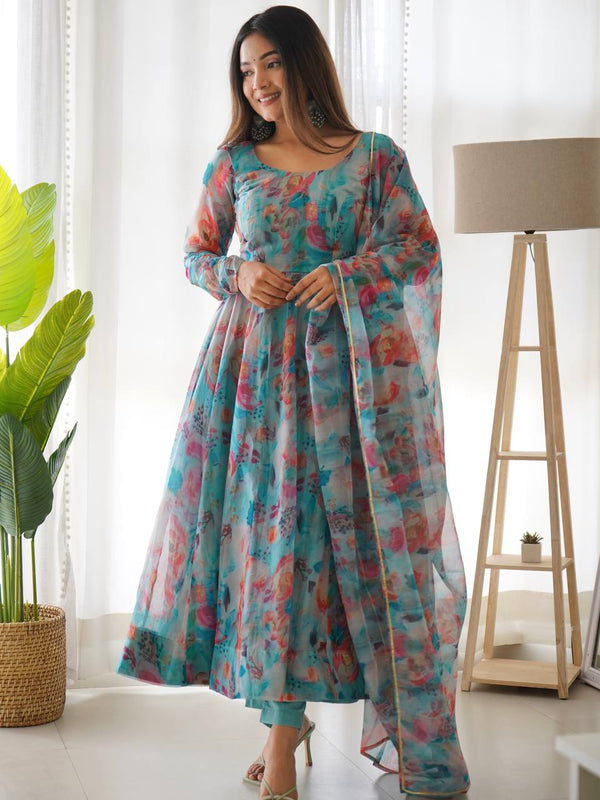 Pastel Watercolor Floral Suit Set with Dupatta – Lightweight Organza Ethnic Wear for Summer