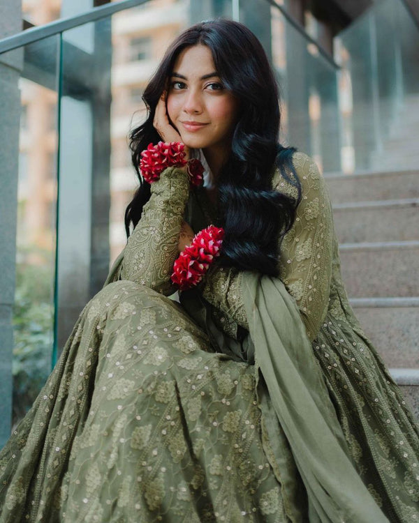 Stylish Ethnic Olive Embroidered Gown for Weddings & Functions