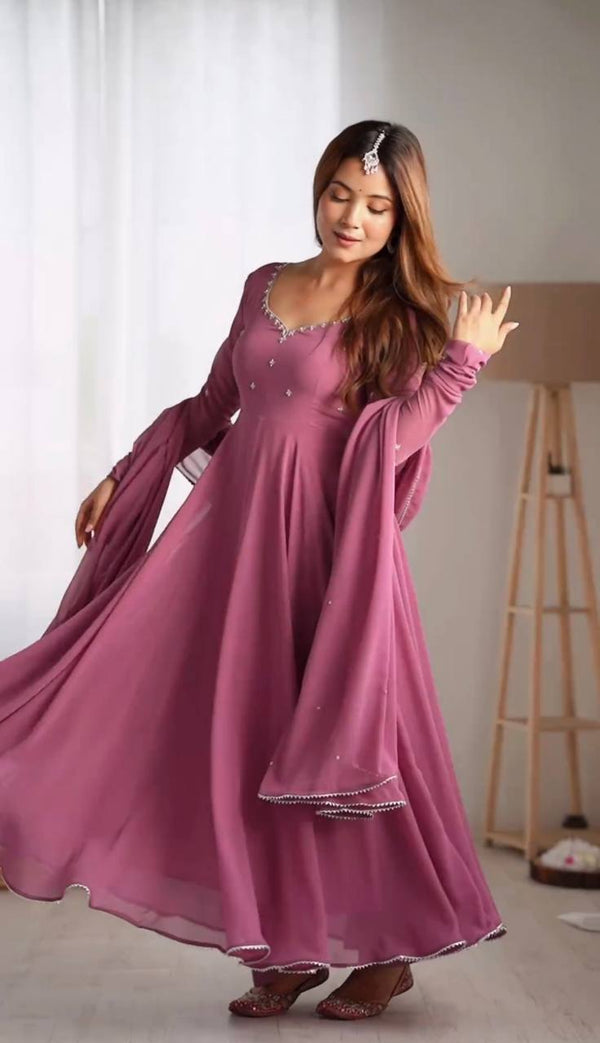 Blush Mauve Flared Anarkali Set with Minimal Mirror Work Dupatta