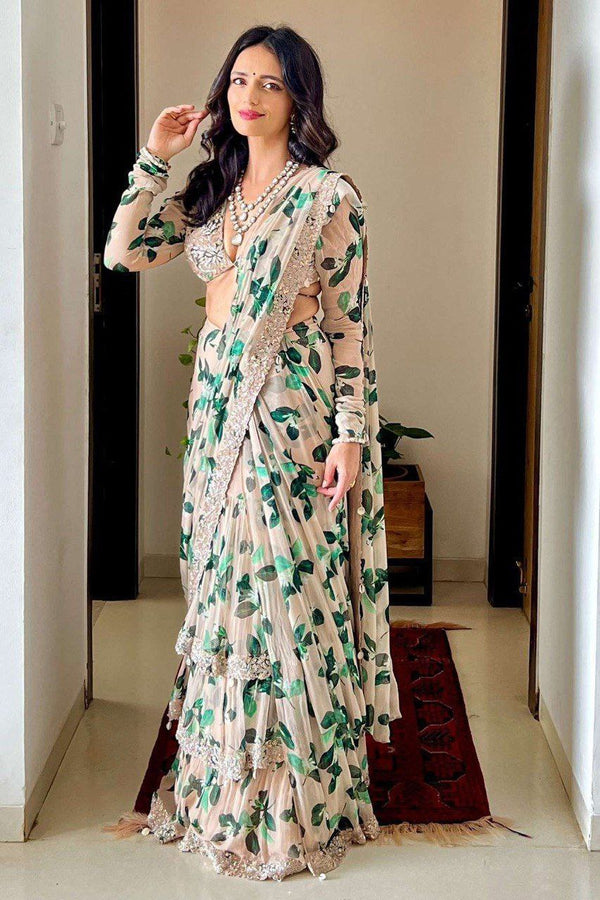 Mina Reddy To Wear Printed Dip Neck Embrodary Blouse Saree