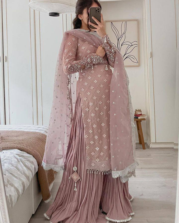 Real Mirror Embrodary Work Long Sharara Suit