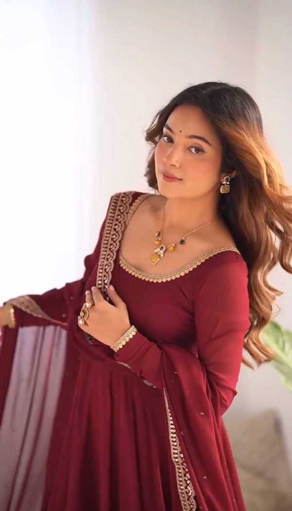 Regal Maroon Designer Gown-Style Suit Set for Festive Occasions