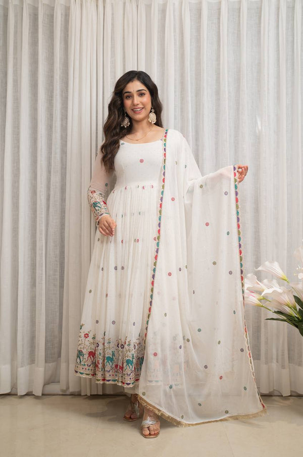 Elegant White Gown with Multicolor Embroidery & Dupatta Set- Festival Wear