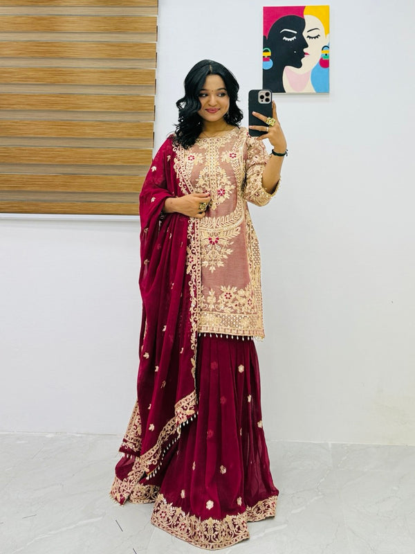 Maroon And Purple Color Fox Gorgette Embrodary Work Sharara Suit
