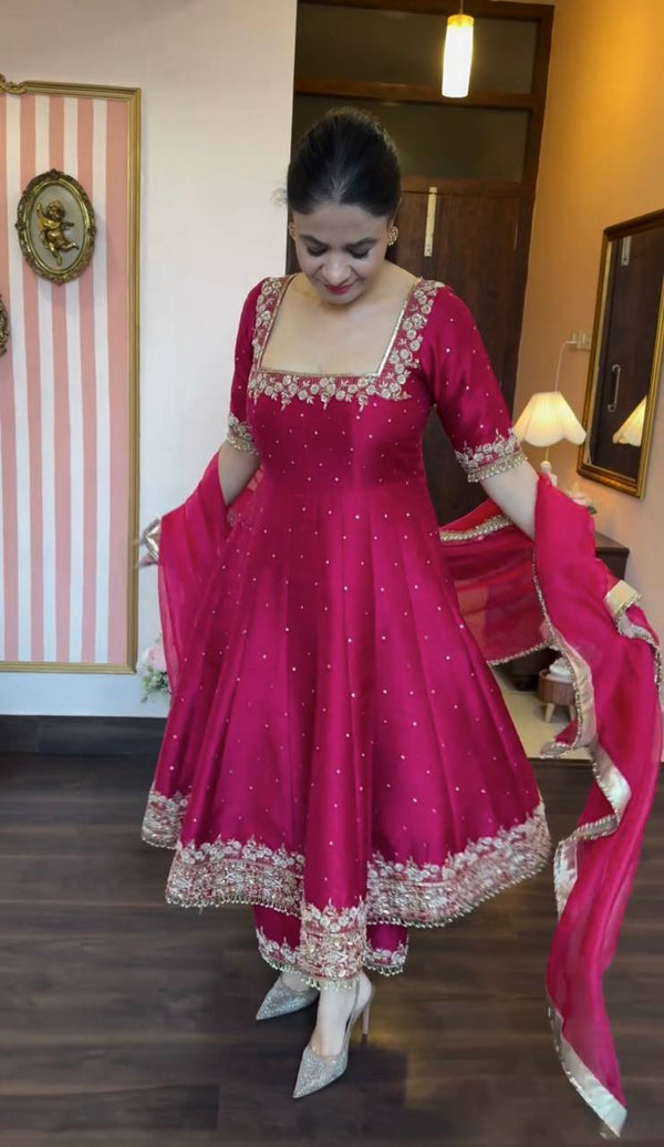 Prachi Hot Pink Premium Vichitra Royal Elegant Suit Set