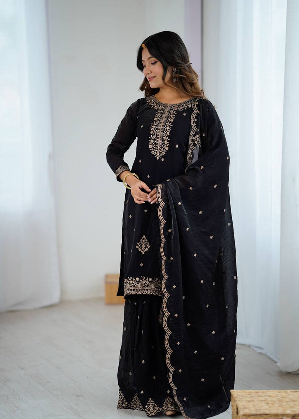 Black Soft Crunchy Silk with Fancy Embroidery Work 3pc Kurta Set
